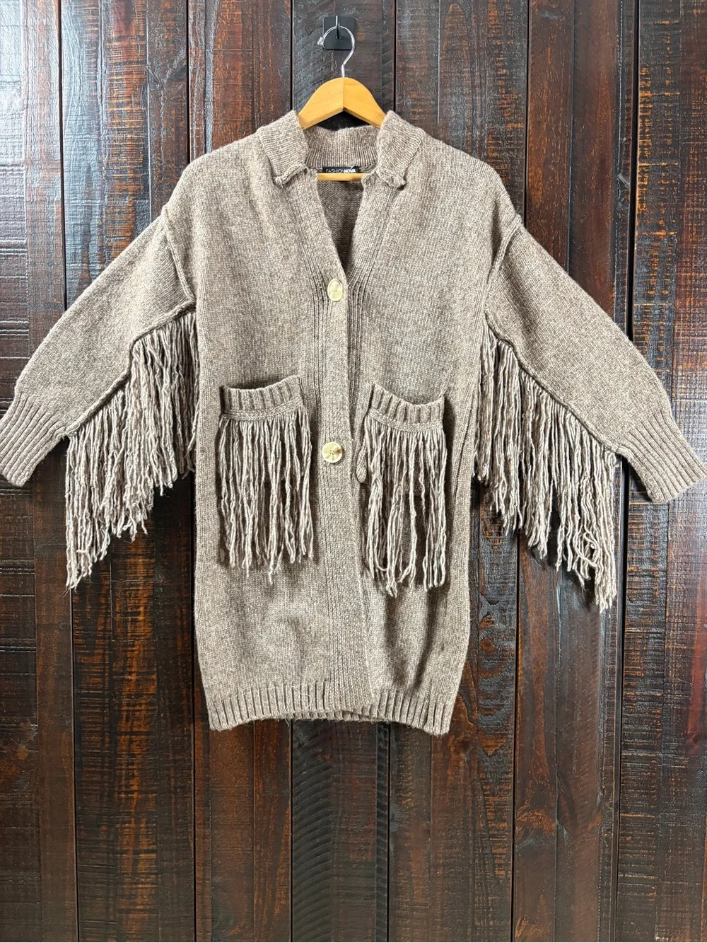 FashionNova Southwestern Fringe Long Cardigan Sweater - Taupe